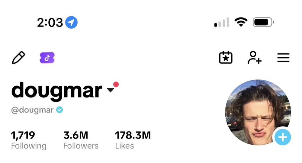 Doug's verified TikTok profile @dougmar: 3.6M followers, 178.3M likes